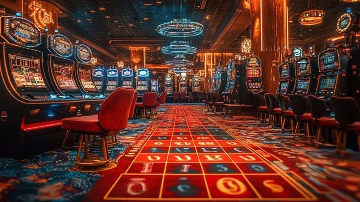 Neon-lit casino interior with glowing slot machines, roulette tables and golden lighting in Portugal